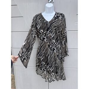 VTG Kushi Tunic Dress Embellished Animal Print Flared Sleeves Asymmetric Hem Med